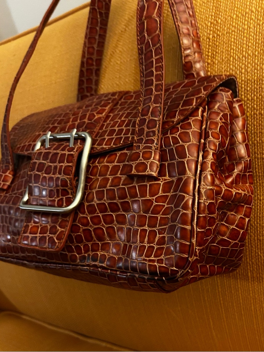 Classic Nicole Miller Croc -Embossed Shoulder Bag in an orangey Brown